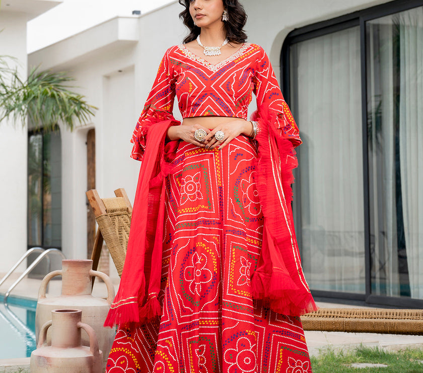 Divena Bandhani Printed Cotton Lehenga & Blouse With Dupatta