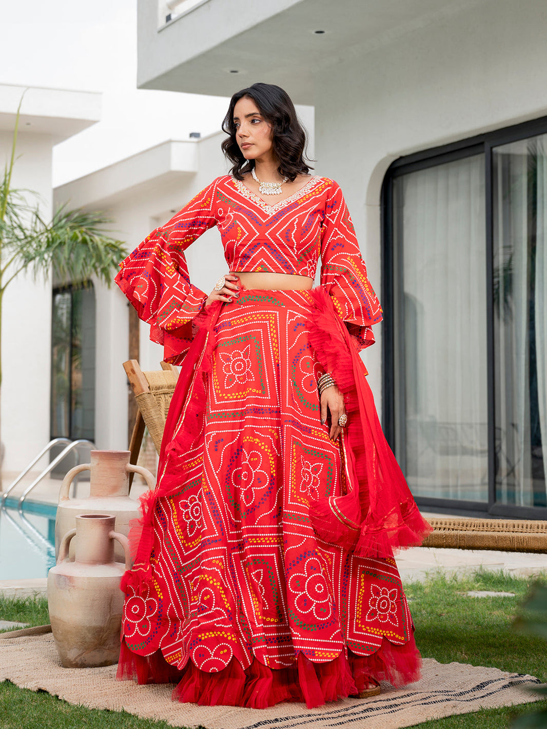 Divena Bandhani Printed Cotton Lehenga & Blouse With Dupatta