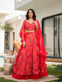 Divena Bandhani Printed Cotton Lehenga & Blouse With Dupatta