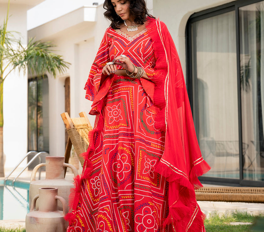 Divena Bandhani Printed Cotton Lehenga & Blouse With Dupatta