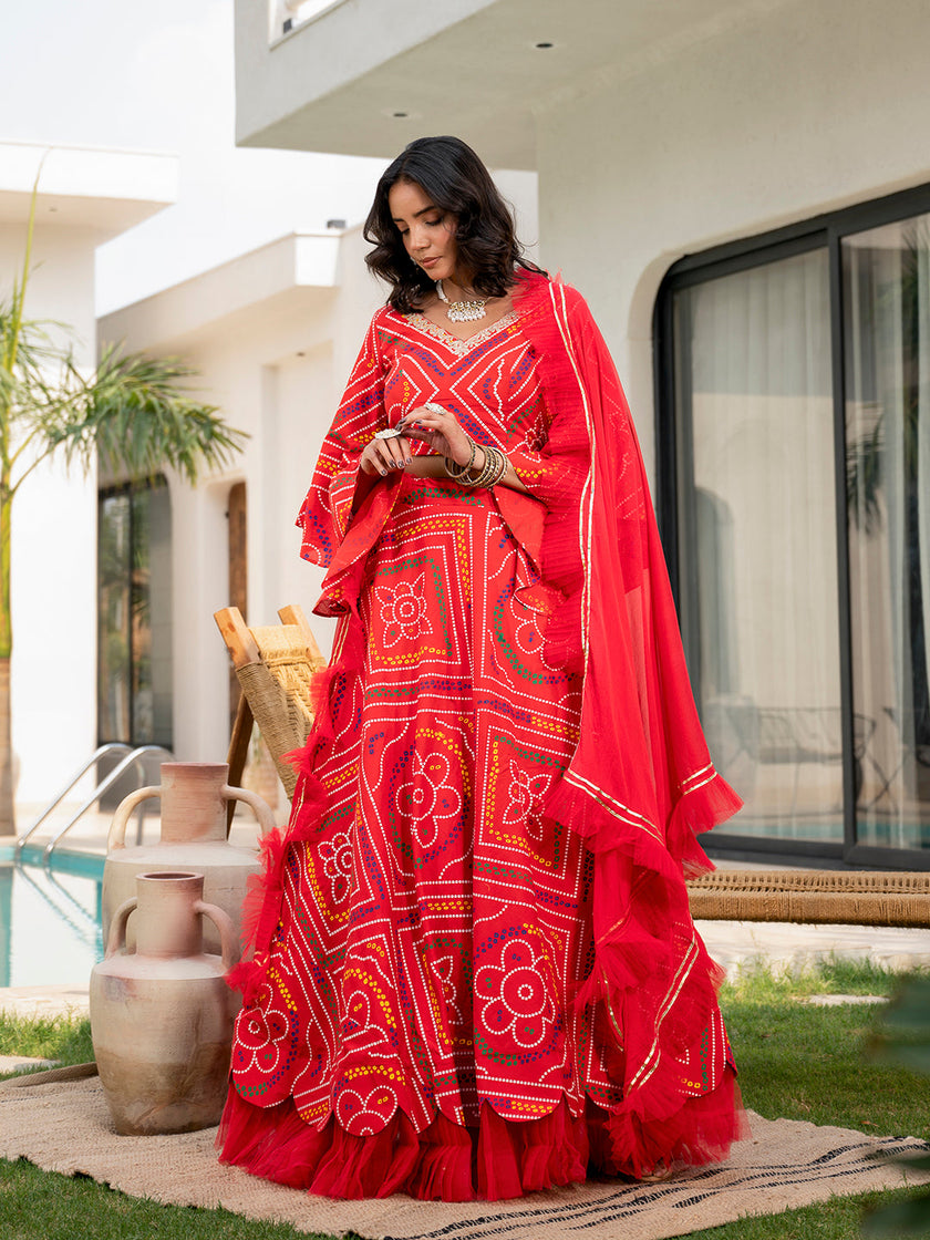 Divena Bandhani Printed Cotton Lehenga & Blouse With Dupatta