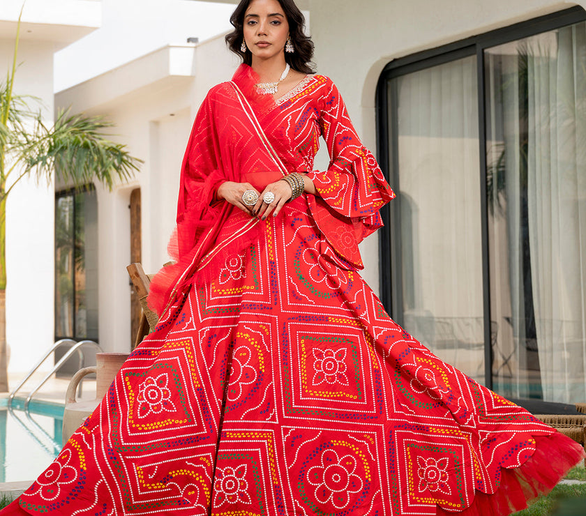 Divena Bandhani Printed Cotton Lehenga & Blouse With Dupatta