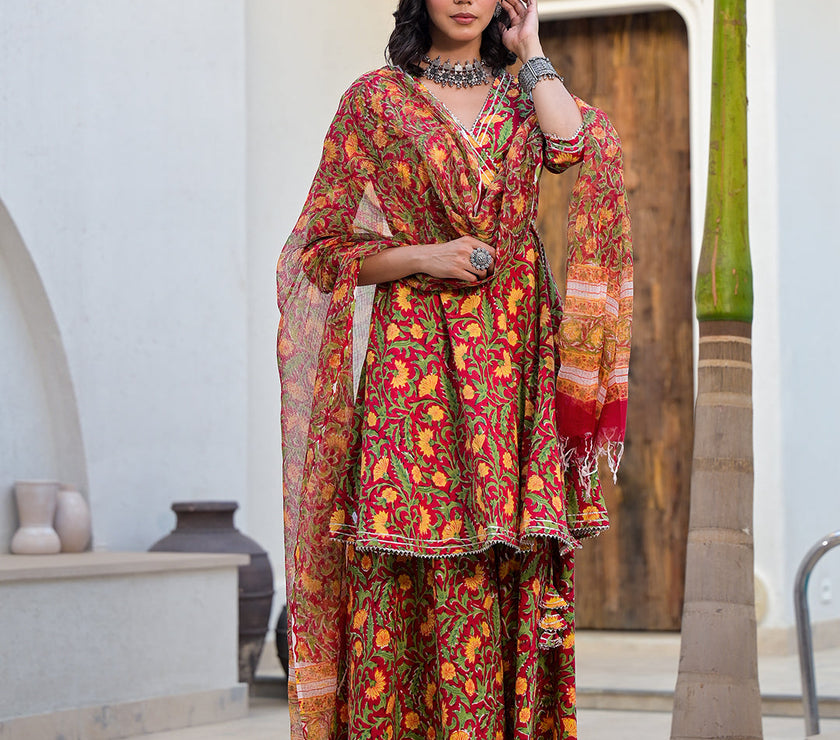 Divena Maroon Floral Print Cotton Angarkha Kurta Gharara Set for women