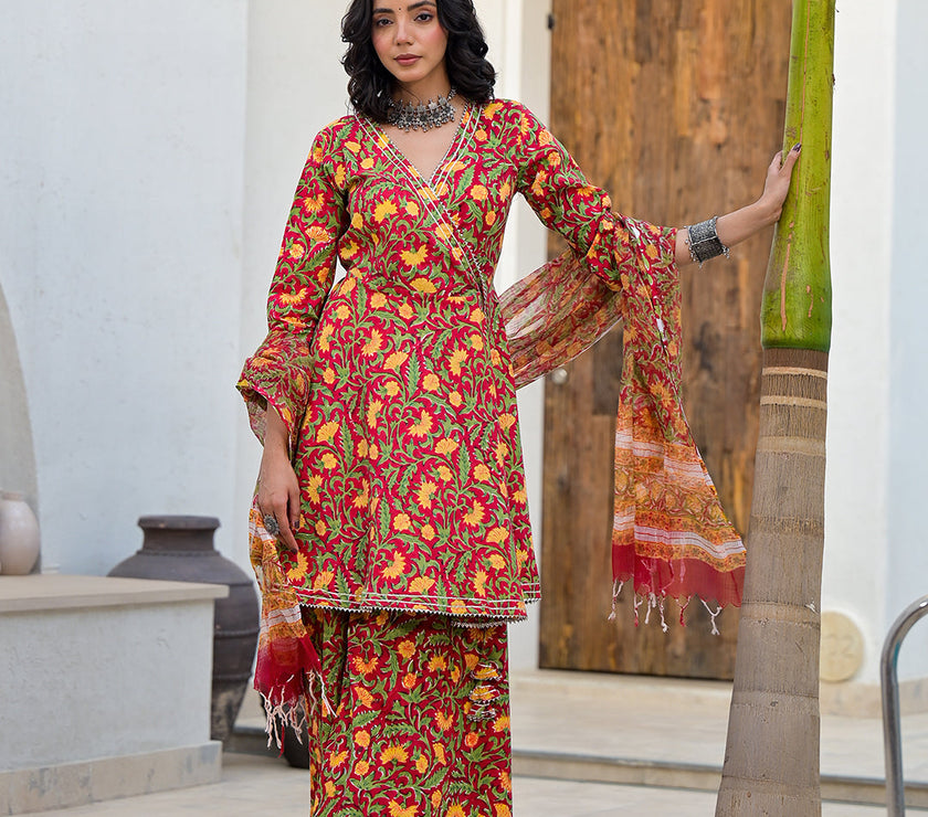 Divena Maroon Floral Print Cotton Angarkha Kurta Gharara Set for women