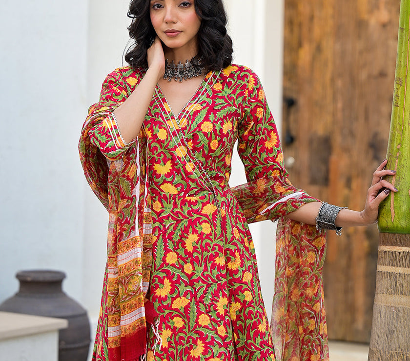 Divena Maroon Floral Print Cotton Angarkha Kurta Gharara Set for women