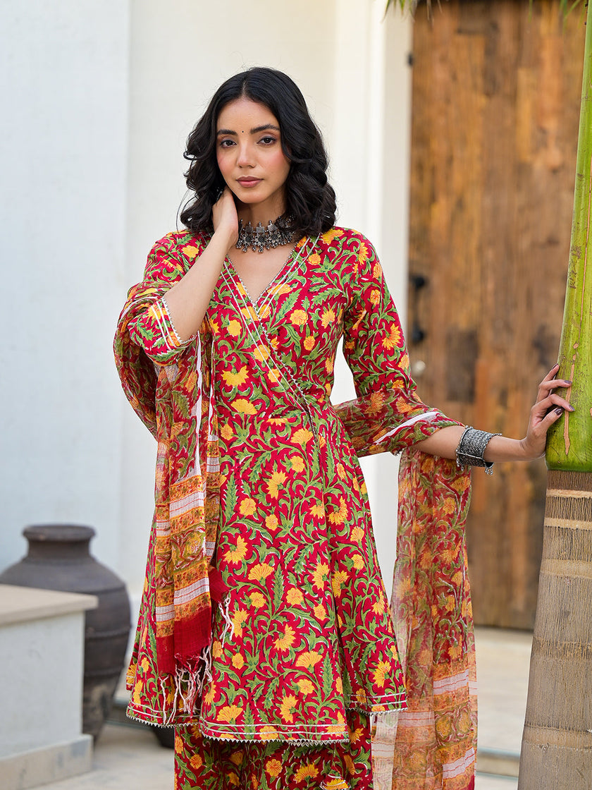 Divena Maroon Floral Print Cotton Angarkha Kurta Gharara Set for women