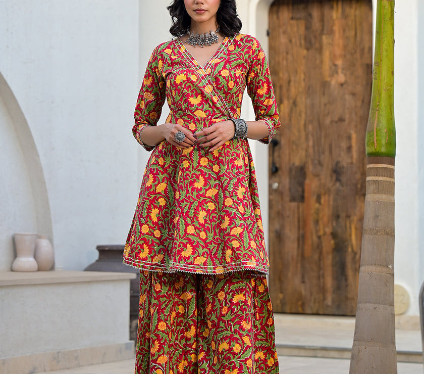 Divena Maroon Floral Print Cotton Angarkha Kurta Gharara Set for women