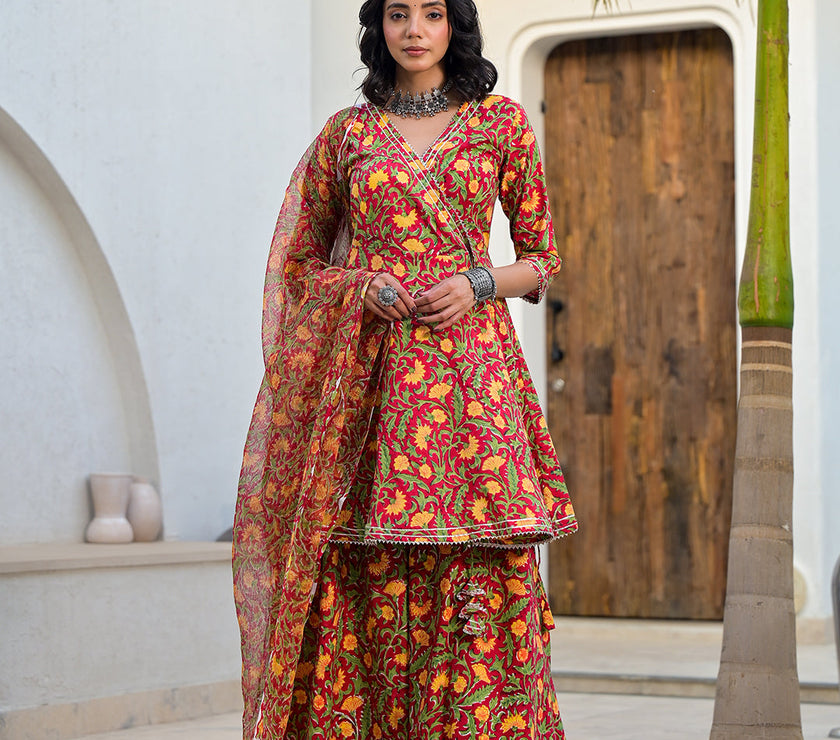 Divena Maroon Floral Print Cotton Angarkha Kurta Gharara Set for women