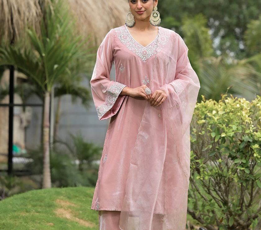 Divena Pink Embroidered Velvet Kurta Pant Dupatta Set