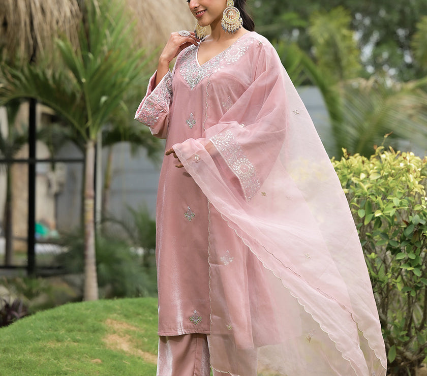 Divena Pink Embroidered Velvet Kurta Pant Dupatta Set