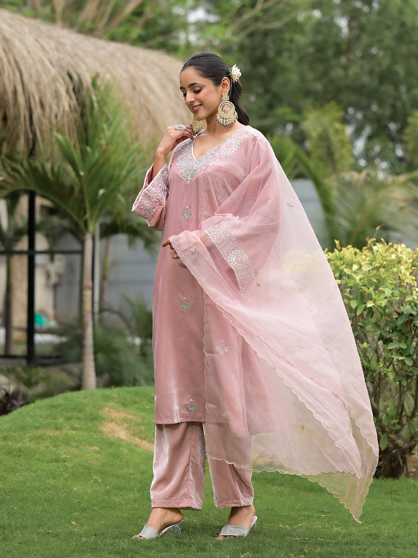 Divena Pink Embroidered Velvet Kurta Pant Dupatta Set