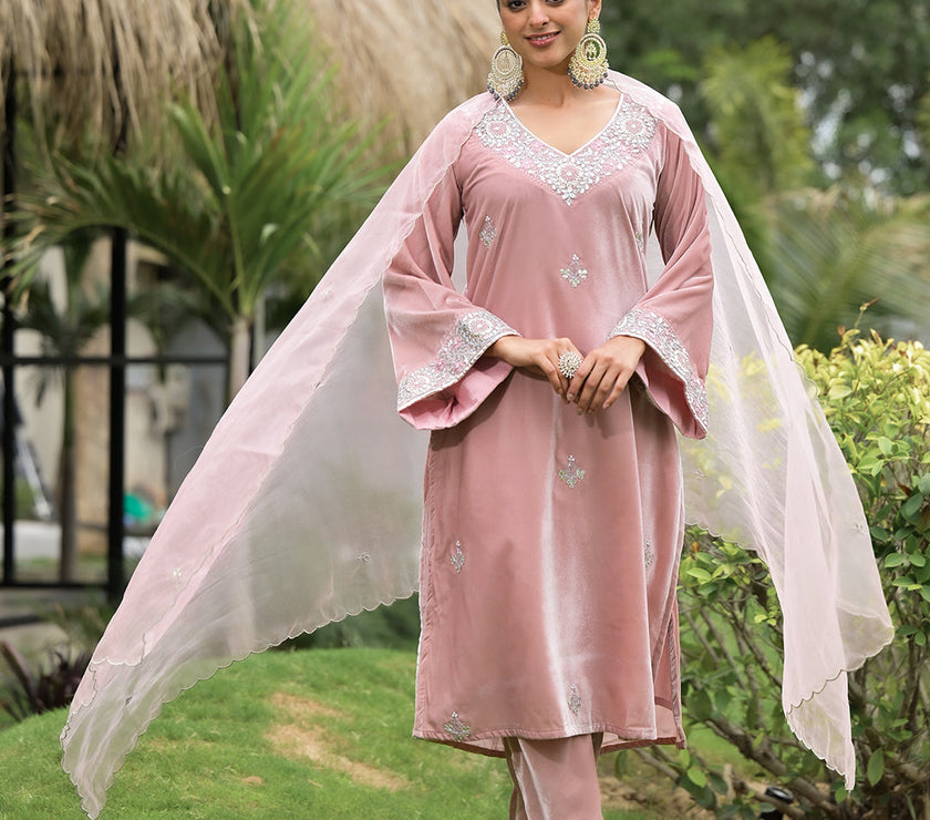 Divena Pink Embroidered Velvet Kurta Pant Dupatta Set