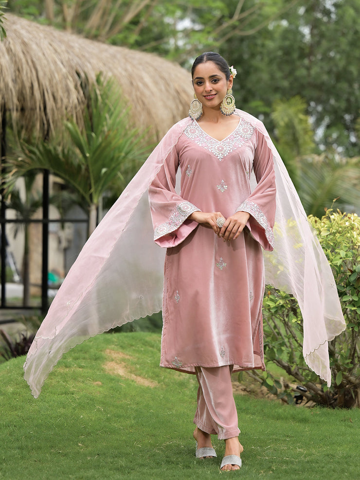 Divena Pink Embroidered Velvet Kurta Pant Dupatta Set