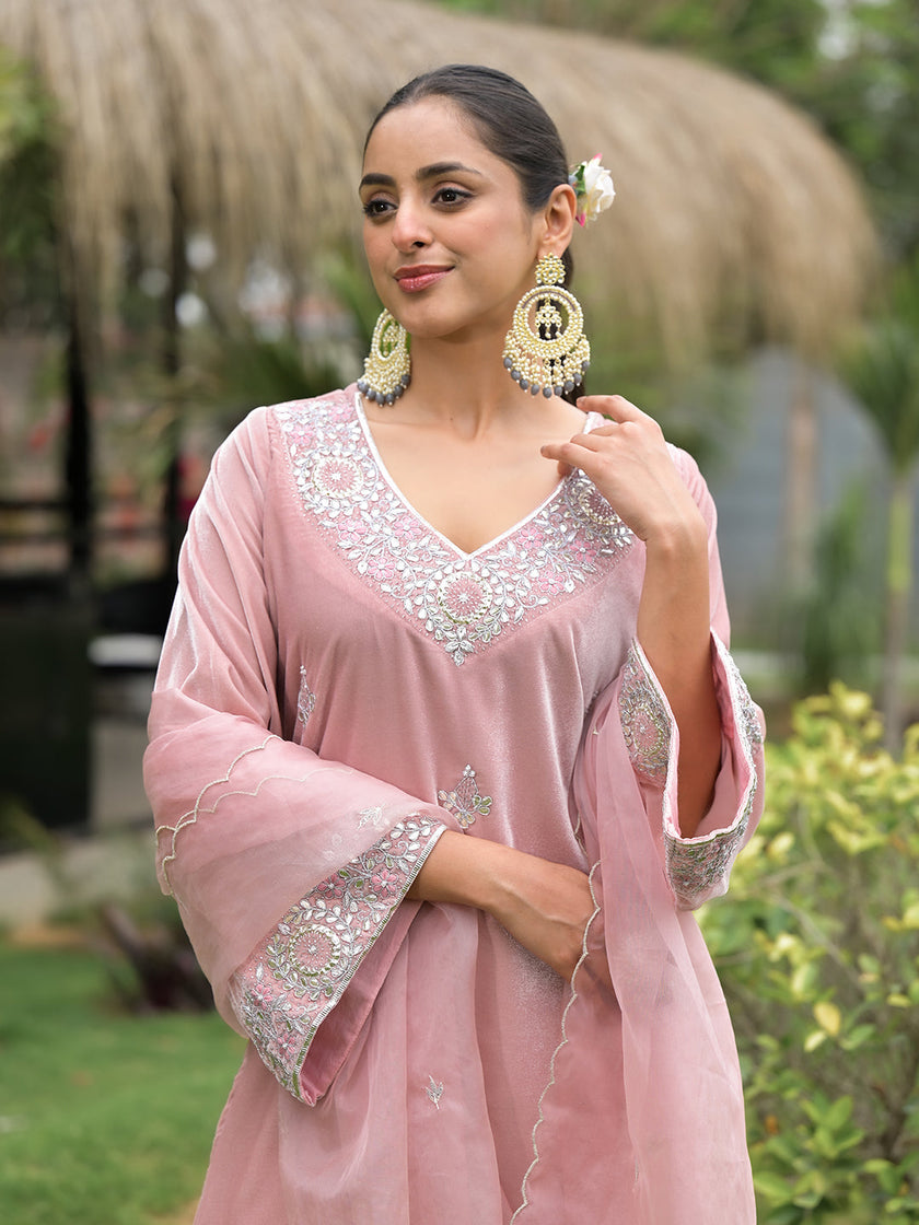 Divena Pink Embroidered Velvet Kurta Pant Dupatta Set