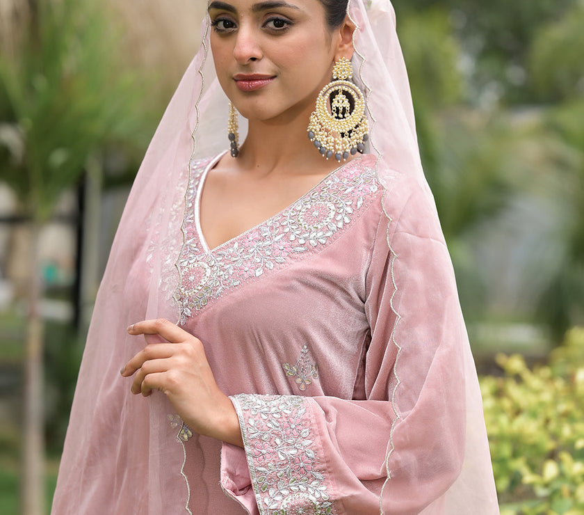 Divena Pink Embroidered Velvet Kurta Pant Dupatta Set