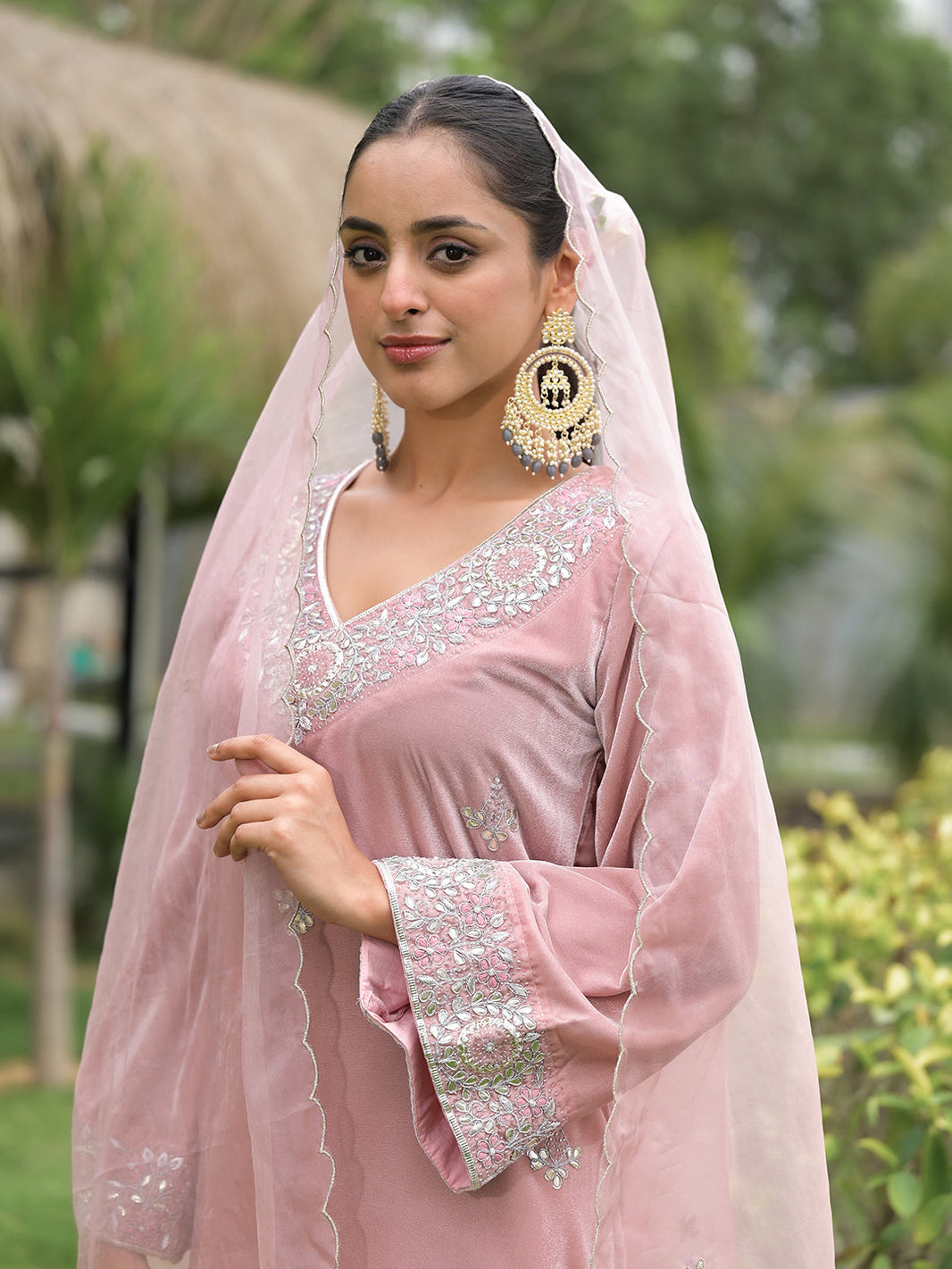 Divena Pink Embroidered Velvet Kurta Pant Dupatta Set