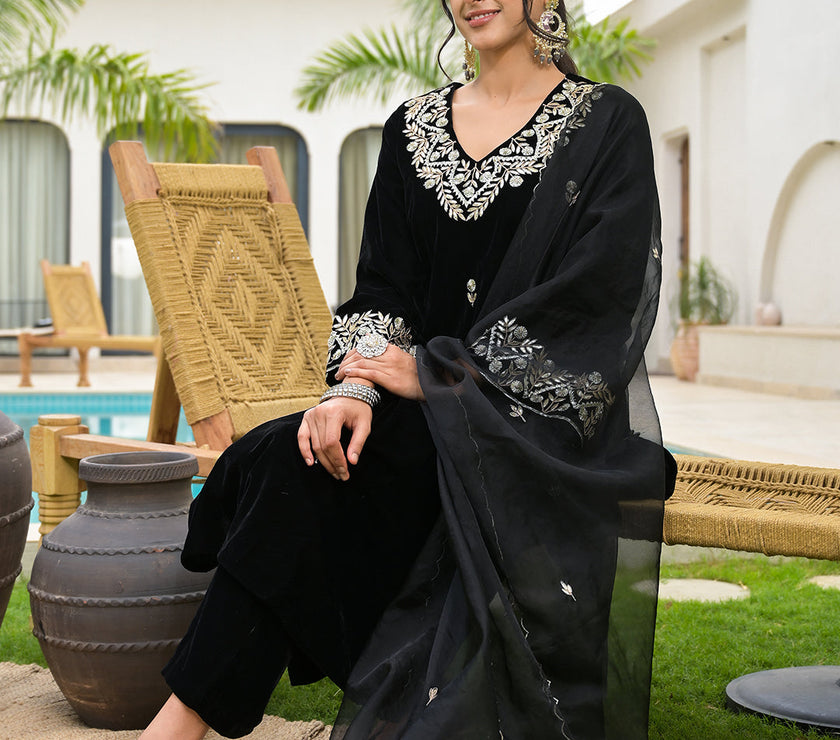 Divena Embroidered Black Velvet Kurta Pant Dupatta Set for Women