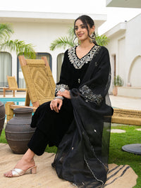 Divena Embroidered Black Velvet Kurta Pant Dupatta Set for Women