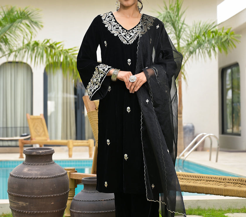 Divena Embroidered Black Velvet Kurta Pant Dupatta Set for Women