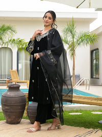 Divena Embroidered Black Velvet Kurta Pant Dupatta Set for Women