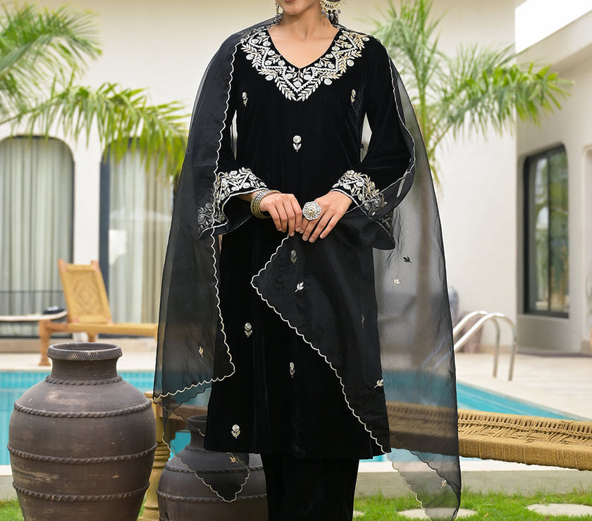 Divena Embroidered Black Velvet Kurta Pant Dupatta Set for Women