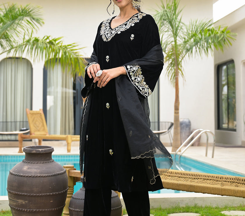 Divena Embroidered Black Velvet Kurta Pant Dupatta Set for Women