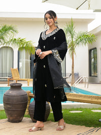 Divena Embroidered Black Velvet Kurta Pant Dupatta Set for Women