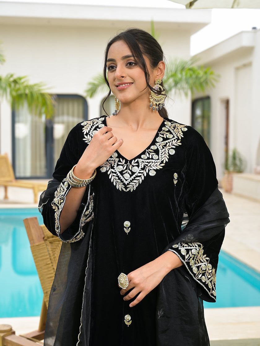 Divena Embroidered Black Velvet Kurta Pant Dupatta Set for Women