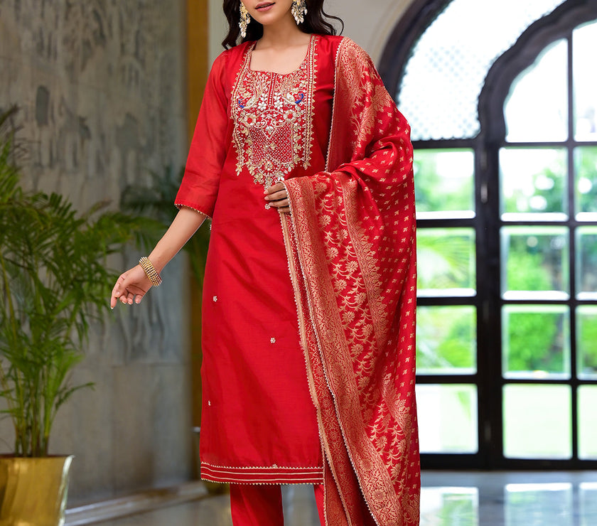 Divena Red Embroidered Chanderi Silk Kurta pants with Banarashi Dupatta