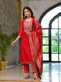 Divena Red Embroidered Chanderi Silk Kurta pants with Banarashi Dupatta