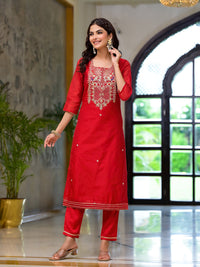 Divena Red Embroidered Chanderi Silk Kurta pants with Banarashi Dupatta