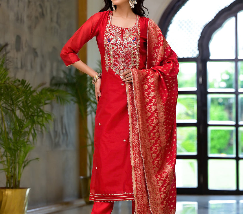 Divena Red Embroidered Chanderi Silk Kurta pants with Banarashi Dupatta