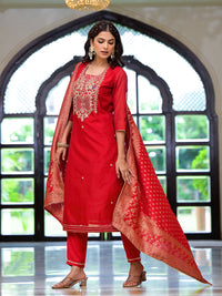 Divena Red Embroidered Chanderi Silk Kurta pants with Banarashi Dupatta