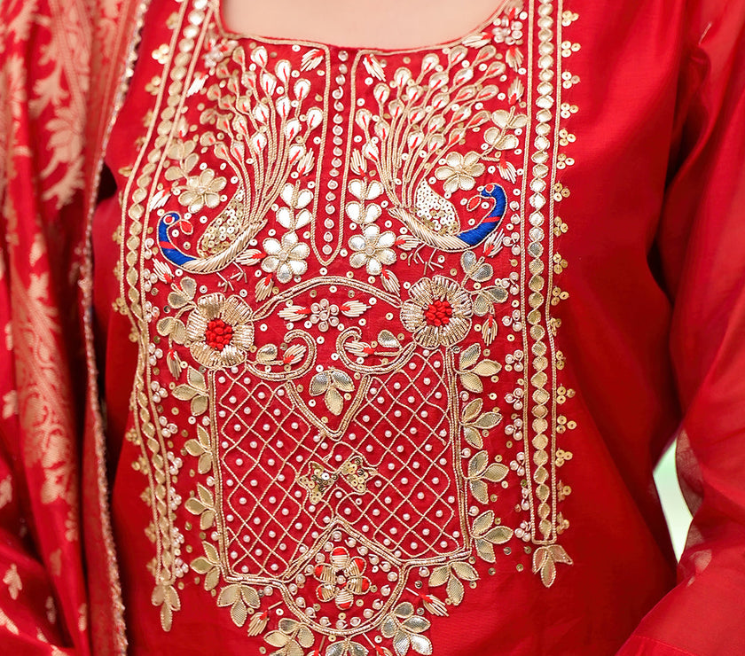 Divena Red Embroidered Chanderi Silk Kurta pants with Banarashi Dupatta