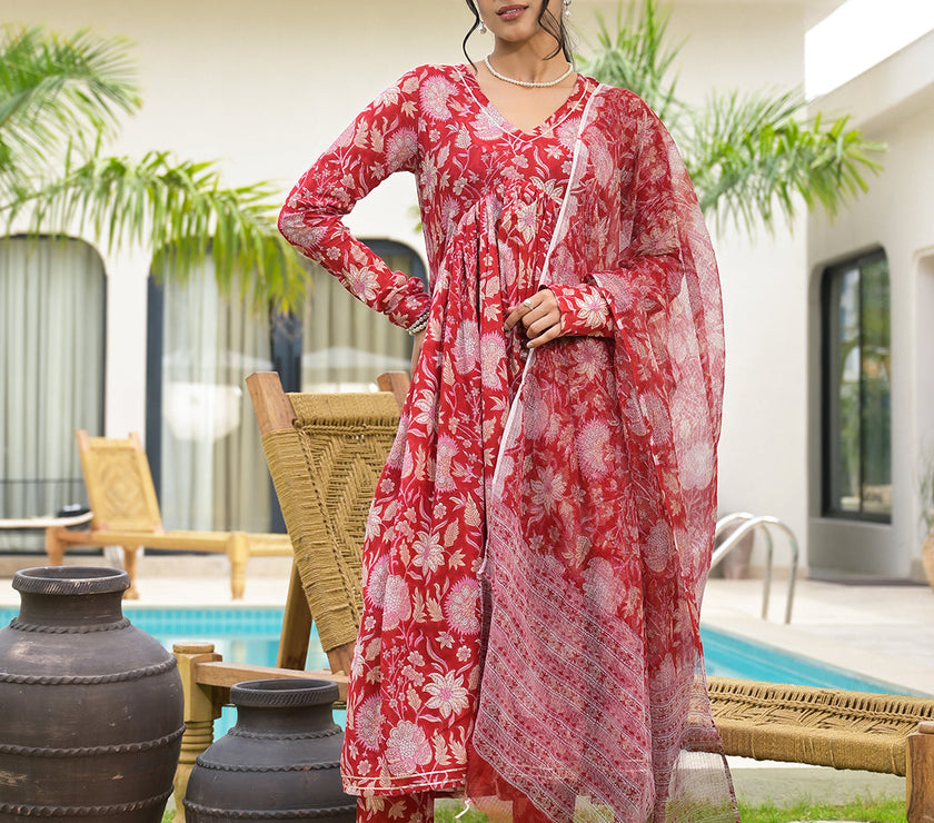 Divena Floral Printed Red Cotton Alia Cut Kurta Set for women