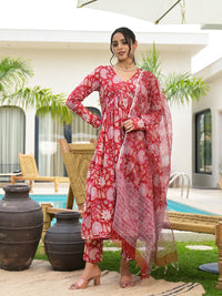 Divena Floral Printed Red Cotton Alia Cut Kurta Set for women