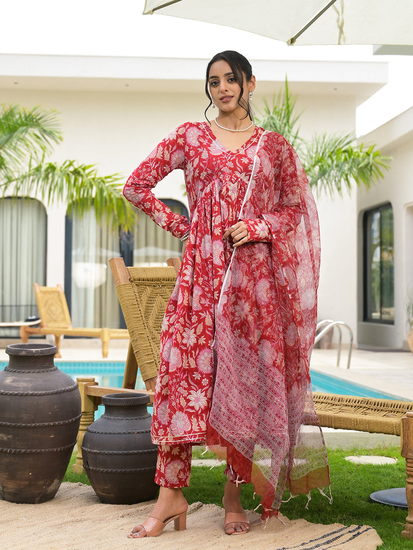 Divena Floral Printed Red Cotton Alia Cut Kurta Set for women