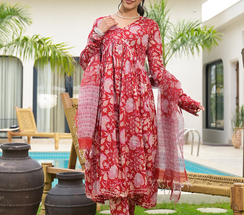 Divena Floral Printed Red Cotton Alia Cut Kurta Set for women