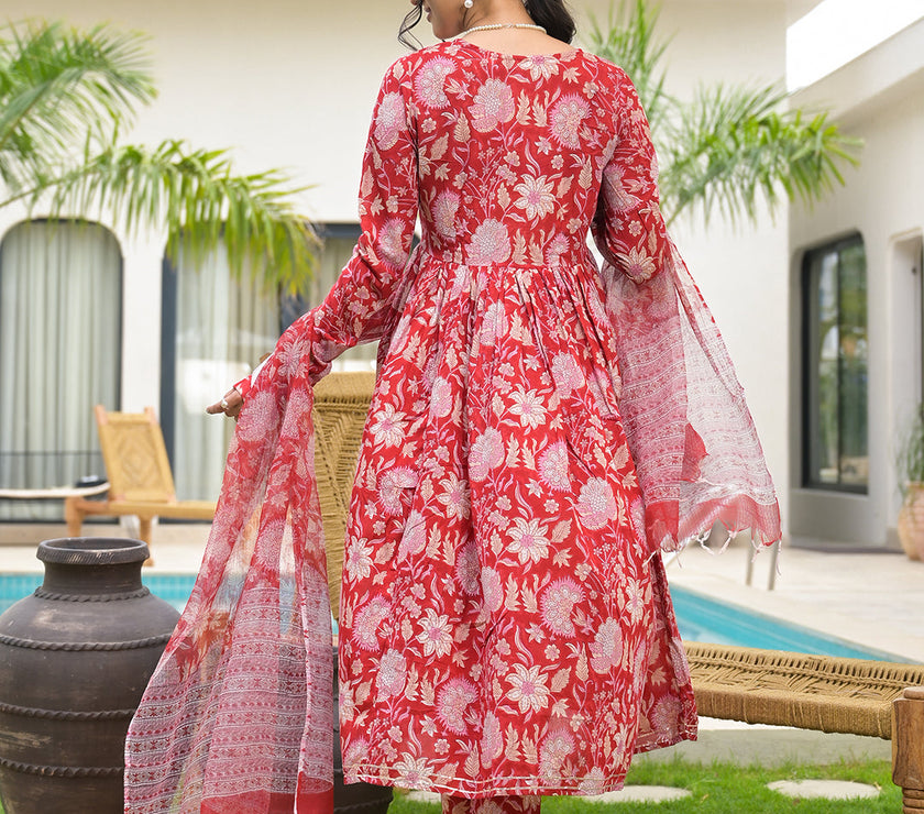 Divena Floral Printed Red Cotton Alia Cut Kurta Set for women