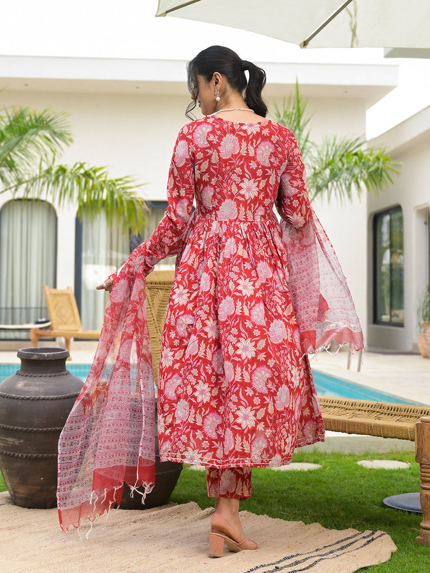 Divena Floral Printed Red Cotton Alia Cut Kurta Set for women