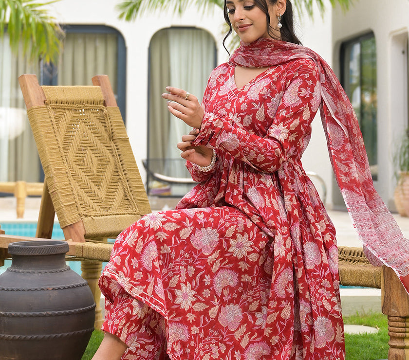 Divena Floral Printed Red Cotton Alia Cut Kurta Set for women