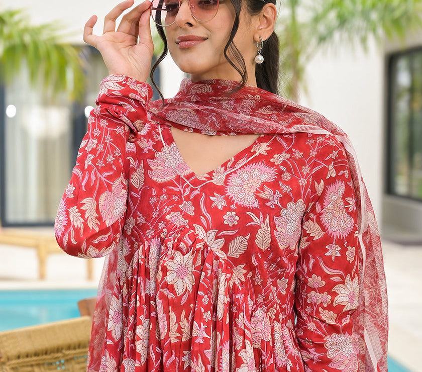 Divena Floral Printed Red Cotton Alia Cut Kurta Set for women