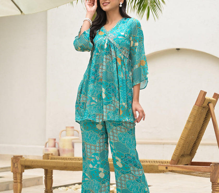 Divena Turquoise Digital Print Muslin Co-ord set