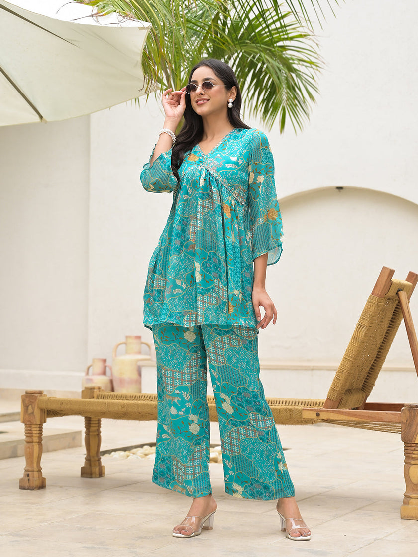 Divena Turquoise Digital Print Muslin Co-ord set