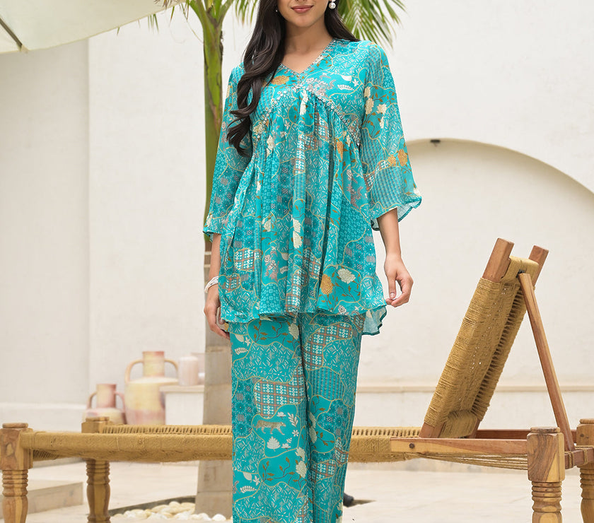 Divena Turquoise Digital Print Muslin Co-ord set