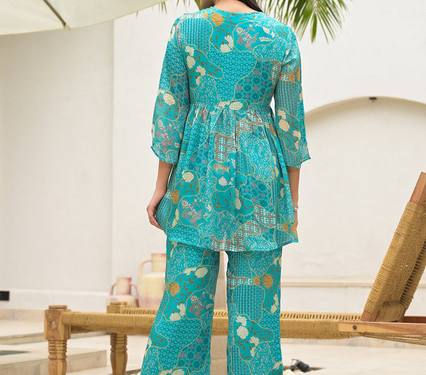 Divena Turquoise Digital Print Muslin Co-ord set