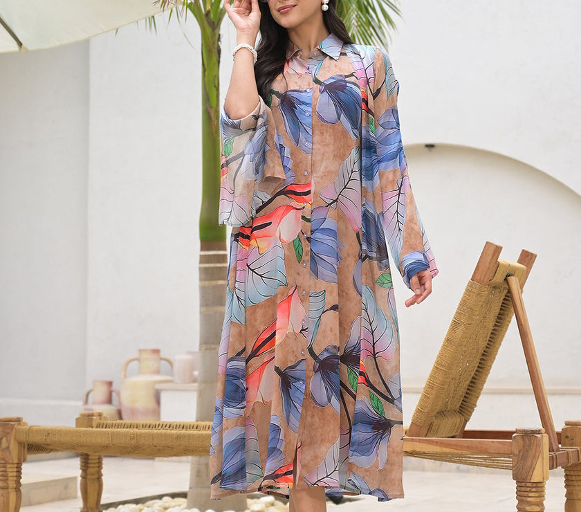 Divena Blue Multi Digital Printed Chinon Kaftan Dress