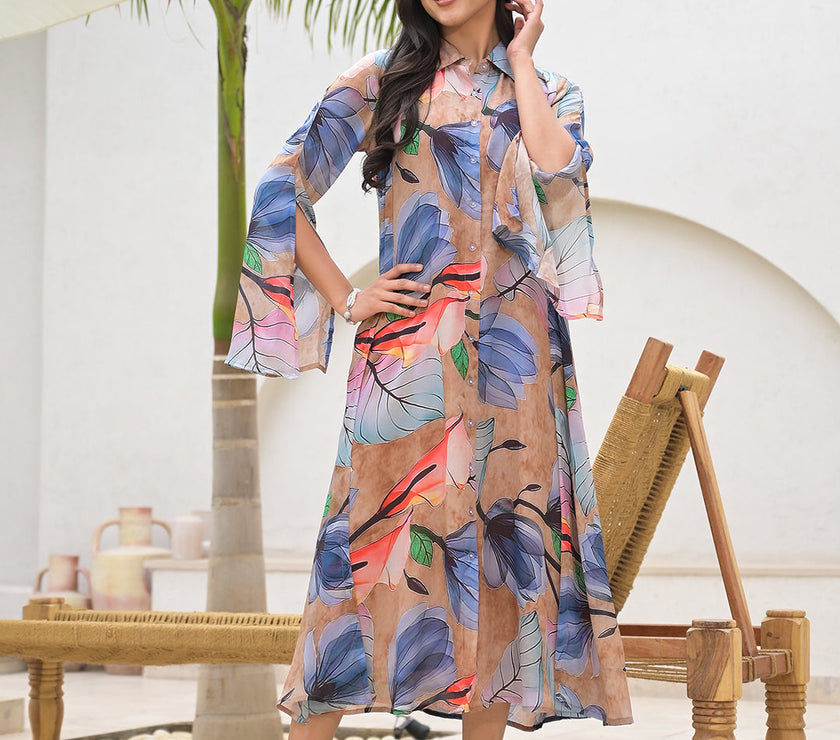 Divena Blue Multi Digital Printed Chinon Kaftan Dress