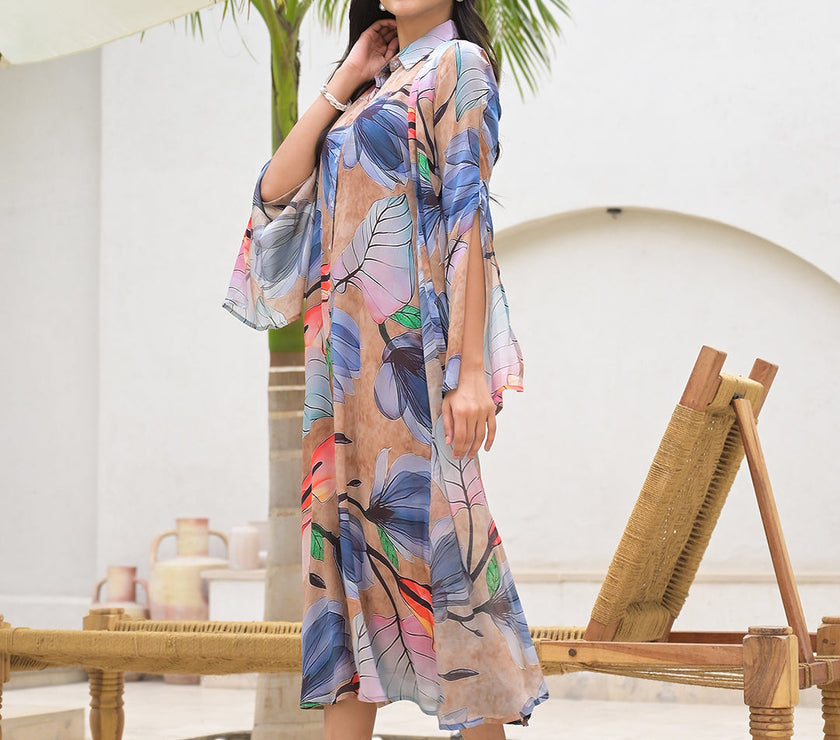 Divena Blue Multi Digital Printed Chinon Kaftan Dress