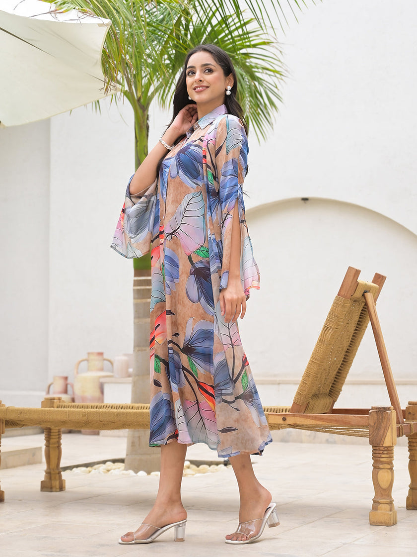 Divena Blue Multi Digital Printed Chinon Kaftan Dress